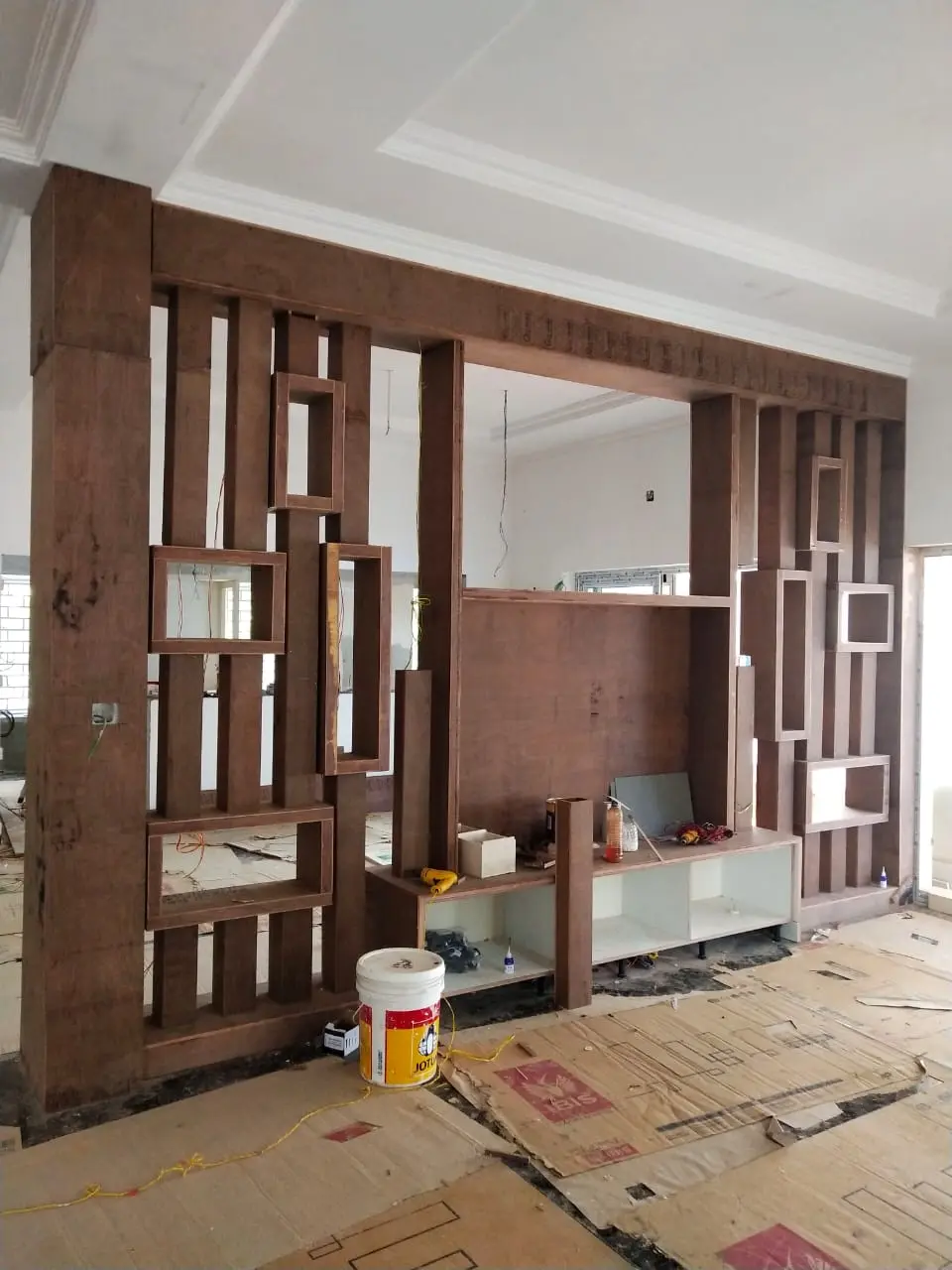 Interior partition installation in progress