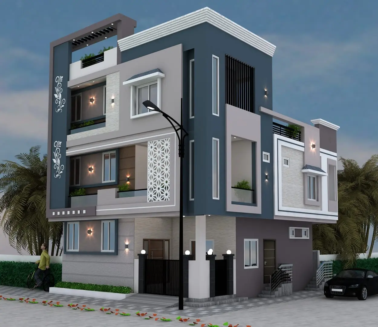 Modern multi-storey residential elevation by M.M. Construction & Interior Design