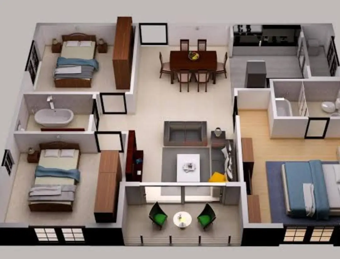 Three-bedroom residential floor plan
