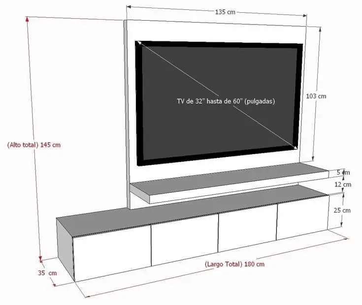 Wide TV wall unit working drawing with dimensions